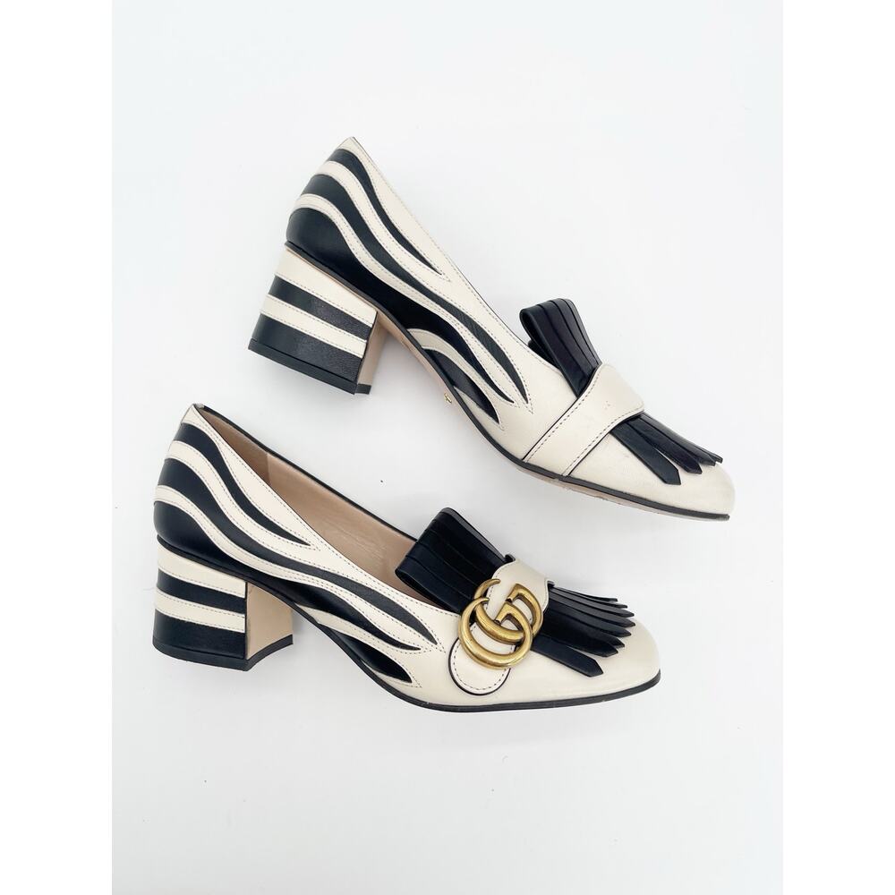 Gucci Marmont Kiltie Zebra Stripe Black White Leather Block Heel Pumps IT 37.5 - Picture 5 of 16